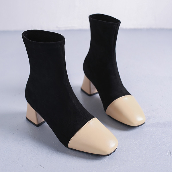 Ghete de dama cu toc gros din piele intoarsa ecologica in doua culori