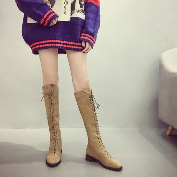 Cizme casual de dama din piele intoarsa ecologica cu sireturi in negru si bej