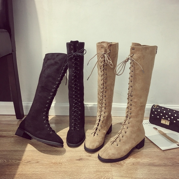 Cizme casual de dama din piele intoarsa ecologica cu sireturi in negru si bej