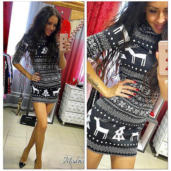 Модерна дамска рокля с коледни мотиви в черен и червен цвят