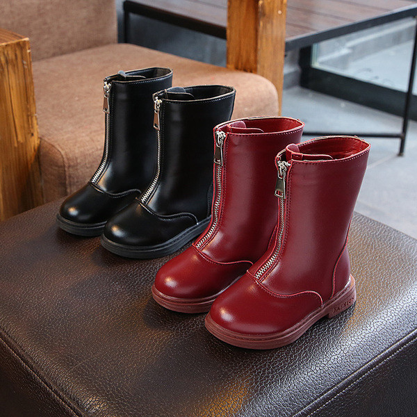 Детски ботуши за момичета с цип от еко кожа в черен и червен цвят