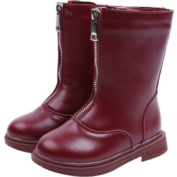 Детски ботуши за момичета с цип от еко кожа в черен и червен цвят