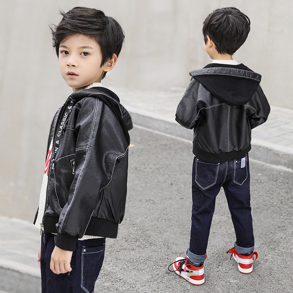 Gyermek bőrdzseki fiúknak fekete színben