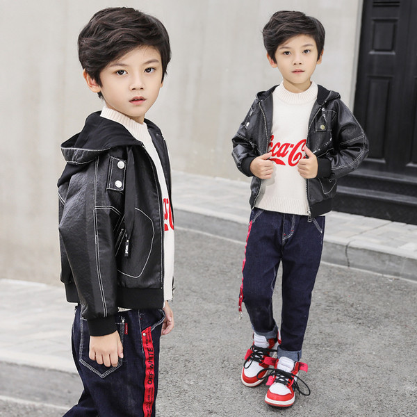 Gyermek bőrdzseki fiúknak fekete színben