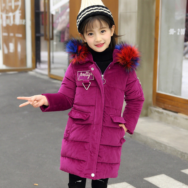 Modern gyerek téli kabát pehely kapucnival, négy színben