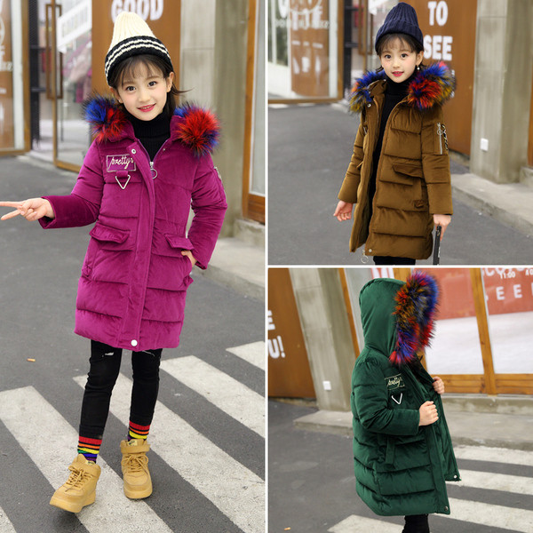 Modern gyerek téli kabát pehely kapucnival, négy színben