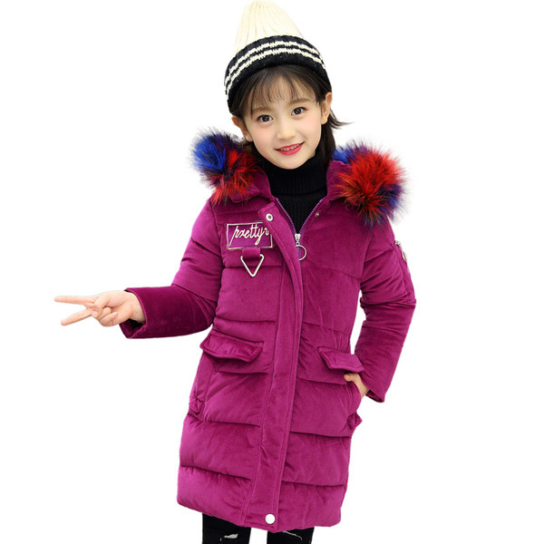 Modern gyerek téli kabát pehely kapucnival, négy színben