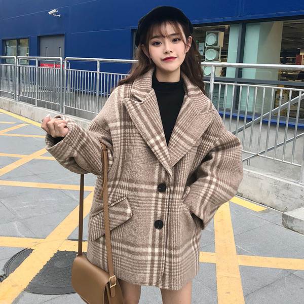 Széles modell női kockás kabát V-alakú gallérral, két színben