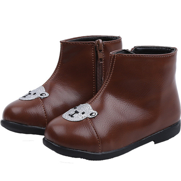 Öko bőrből készült gyerekcsizma lányoknak plüssmackóval fekete és barna színben