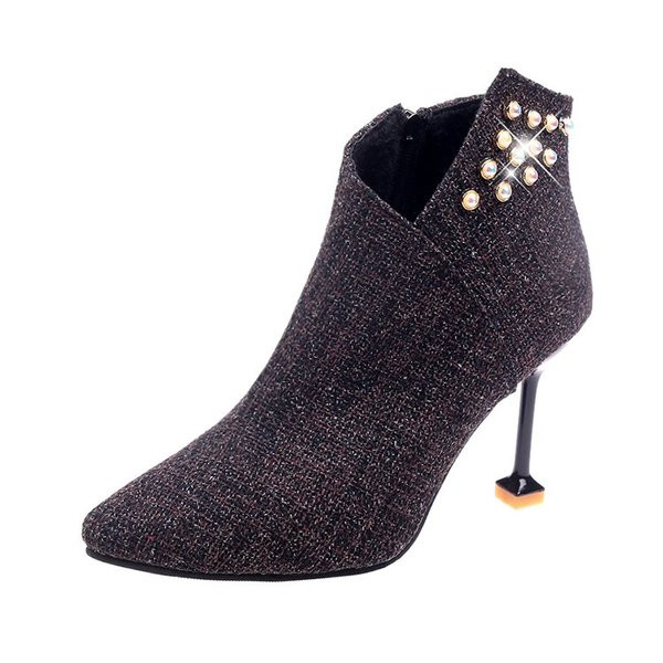 Cizme de dama ascutit cu toc subtire si perle in trei culori