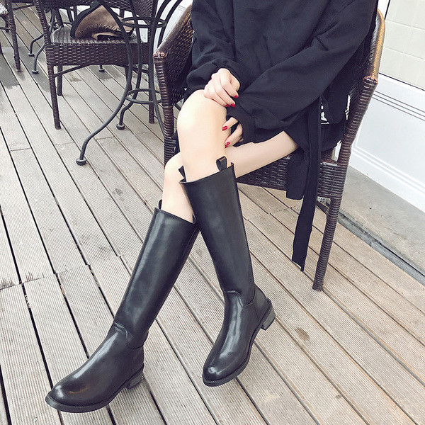 Cizme casual dama cu talpa plata din piele ecologica de culoare neagra