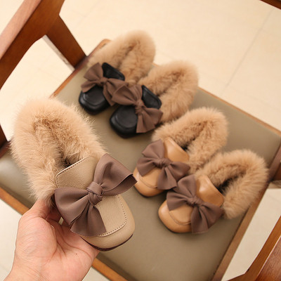 Детски зимни обувки с пух за момичета с панделка