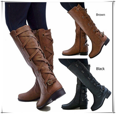 Χειμερινές μπότες κυρίες σε οικολογικό δέρμα με λουριά σε μαύρο και καφέ χρώμα