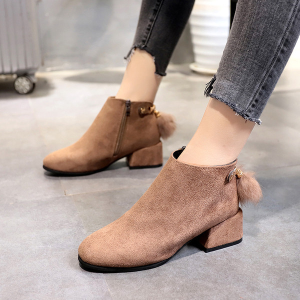 Cizme casual dama din piele intoarsa ecologica cu element de puf in doua culori