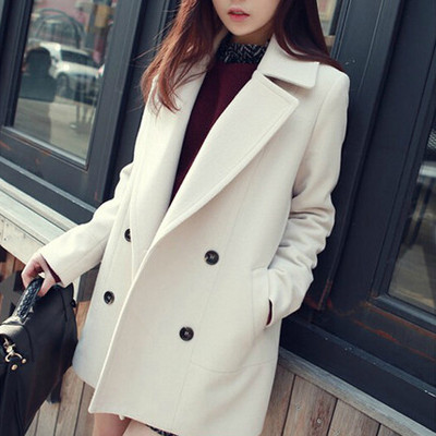 Classic women`s coat with V-shaped collar in black, white and blue