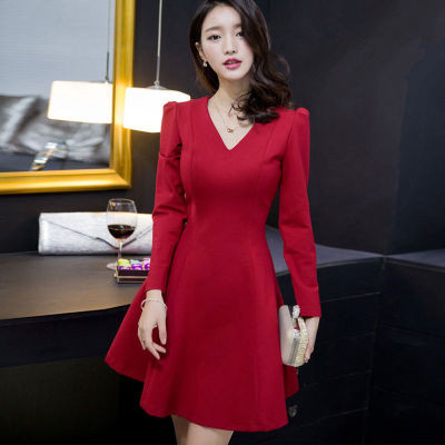 Rochie elegantă de damă, cu decolteu în V, în negru și roșu