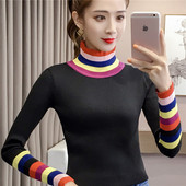 Modern női pulóver magas gallérral, színes szalagokkal több színben