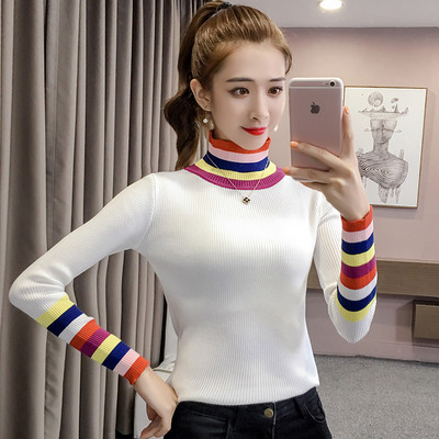 Modern női pulóver magas gallérral, színes szalagokkal több színben