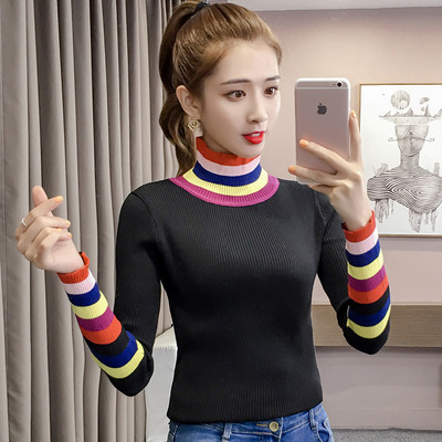 Modern női pulóver magas gallérral, színes szalagokkal több színben