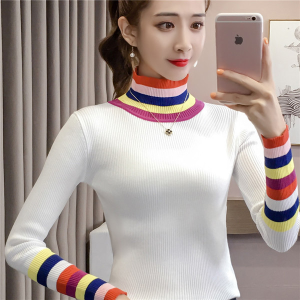 Modern női pulóver magas gallérral, színes szalagokkal több színben