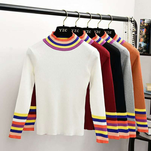 Modern női pulóver magas gallérral, színes szalagokkal több színben