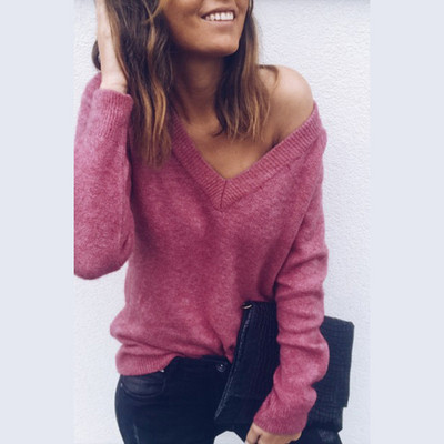 Модерен дамски пуловер с V-образно деколте в различни цветове