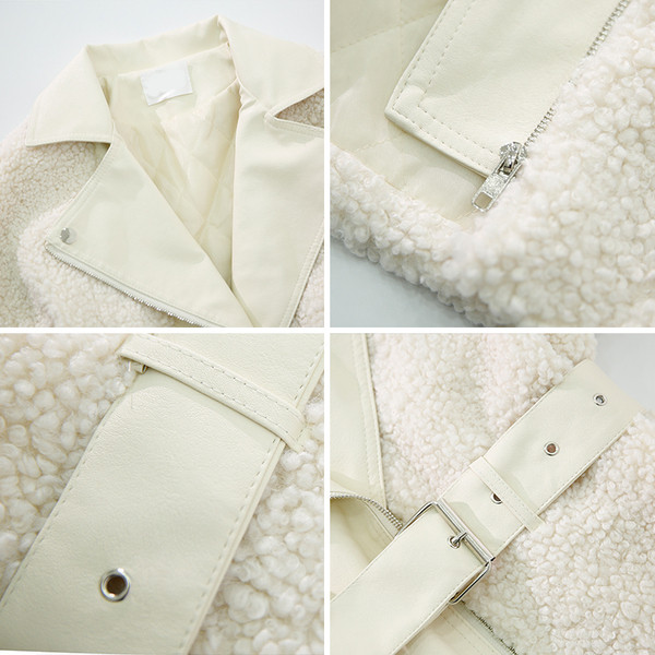 Stílusos női kabát fehér és fekete övvel