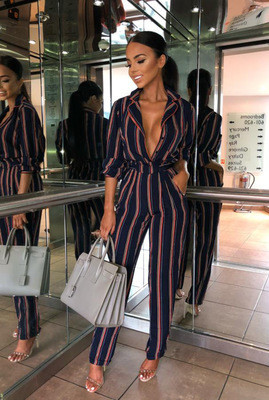 Salopetă elegantă de damă în dungi, cu decolteu în V, în mai multe culori