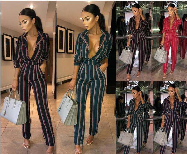 Salopetă elegantă de damă în dungi, cu decolteu în V, în mai multe culori