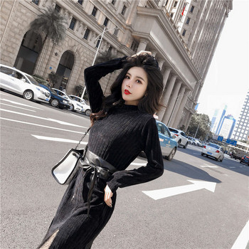 Κομψό φόρεμα μακρύ φόρεμα με ζώνη σε δύο χρώματα