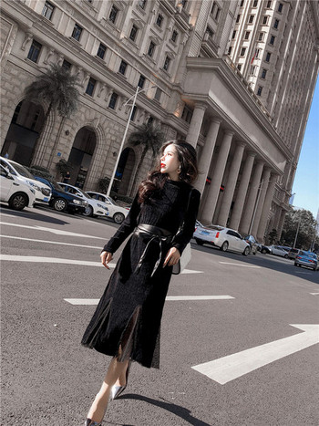 Κομψό φόρεμα μακρύ φόρεμα με ζώνη σε δύο χρώματα