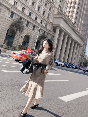 Κομψό φόρεμα μακρύ φόρεμα με ζώνη σε δύο χρώματα