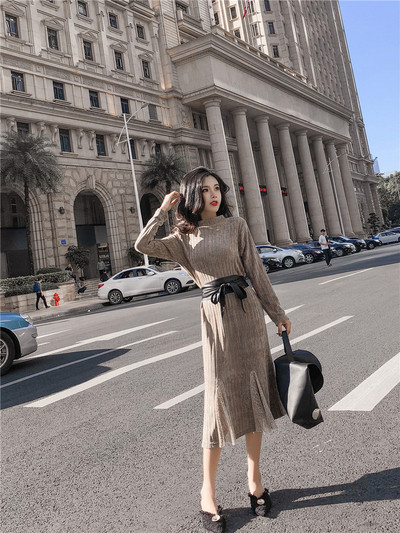 Κομψό φόρεμα μακρύ φόρεμα με ζώνη σε δύο χρώματα