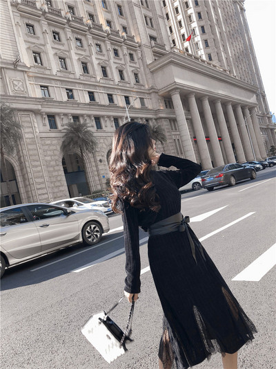 Κομψό φόρεμα μακρύ φόρεμα με ζώνη σε δύο χρώματα