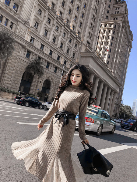 Κομψό φόρεμα μακρύ φόρεμα με ζώνη σε δύο χρώματα