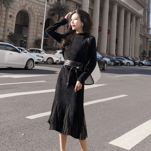 Κομψό φόρεμα μακρύ φόρεμα με ζώνη σε δύο χρώματα