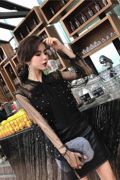 Дамска стилна риза с декорация перли в два цвята