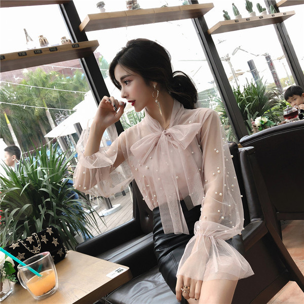 Дамска стилна риза с декорация перли в два цвята