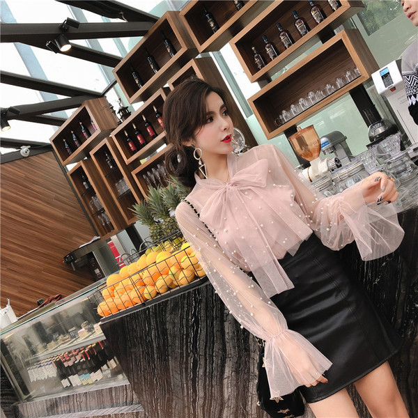 Дамска стилна риза с декорация перли в два цвята