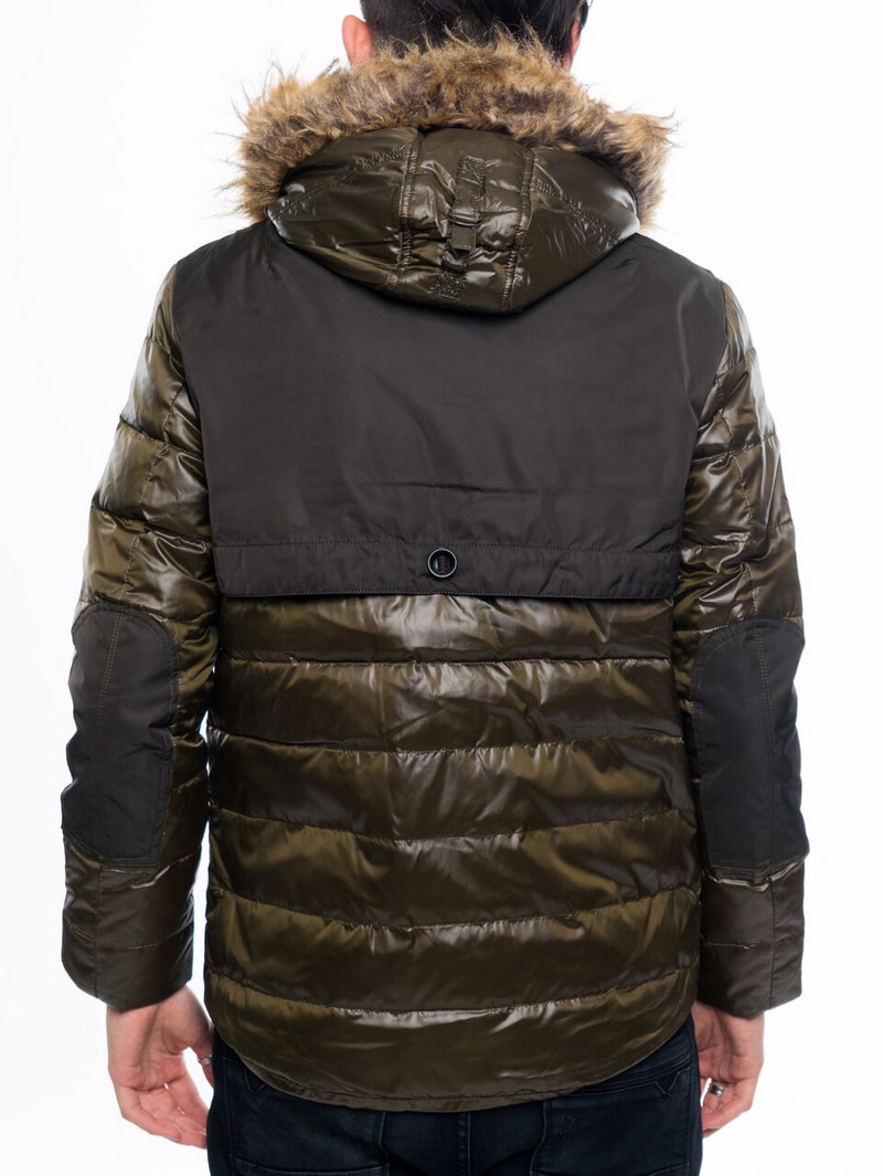 Μοντέρνο ανδρικό μπουφάν με κουκούλα σε μαύρο και καφέ χρώμα