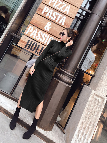 Rochie de iarna de dama moderna cu curea si guler inalt in trei culori