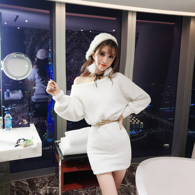 Rochie de damă modernă din puf cu umăr căzut în trei culori