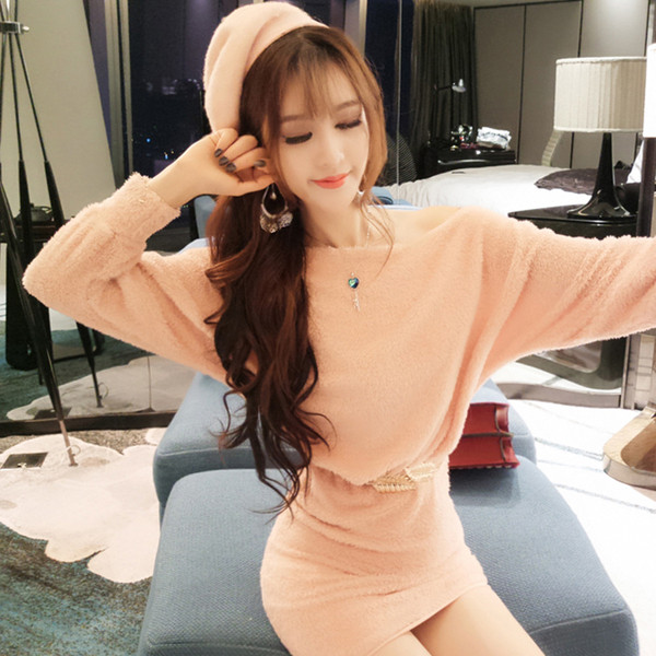 Rochie de damă modernă din puf cu umăr căzut în trei culori