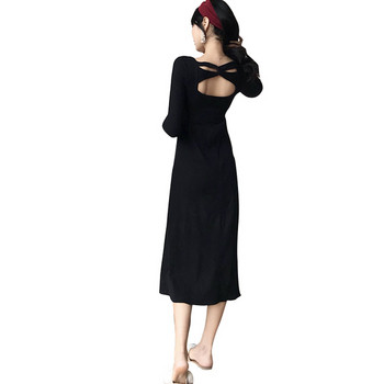 Модерна дамска рокля с дълъг ръкав и отворен гръб в черен цвят