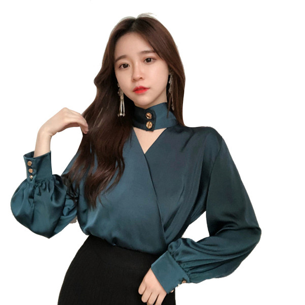 Stílusos női ing V-nyakkal és lámpás ujjakkal, zöld színben