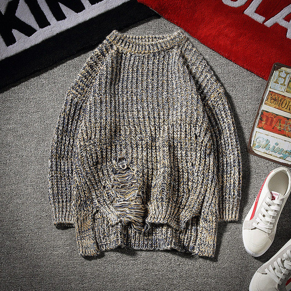 Aktuális férfi pulóver két színben szakadt elemekkel