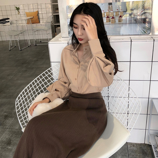 Modern női ing O-alakú gallérral és lámpás ujjakkal több színben