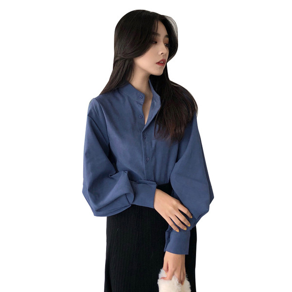 Modern női ing O-alakú gallérral és lámpás ujjakkal több színben