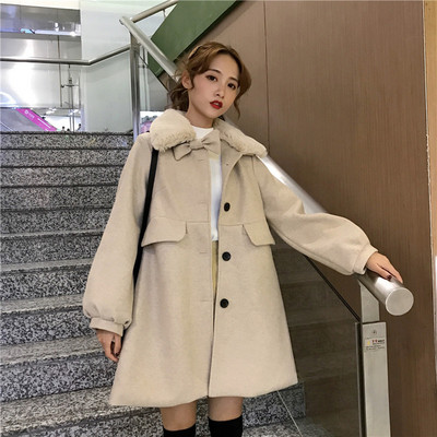 Palton de dama modern cu guler in puf si panglica in mai multe culori