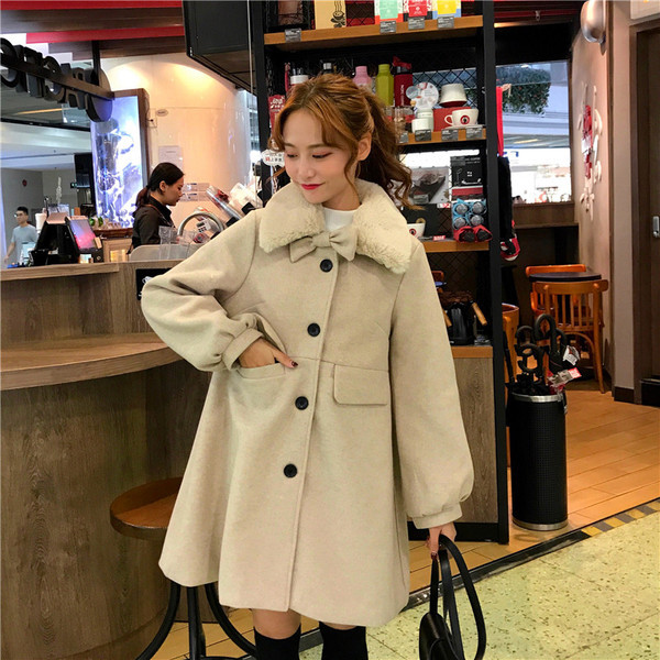 Palton de dama modern cu guler in puf si panglica in mai multe culori